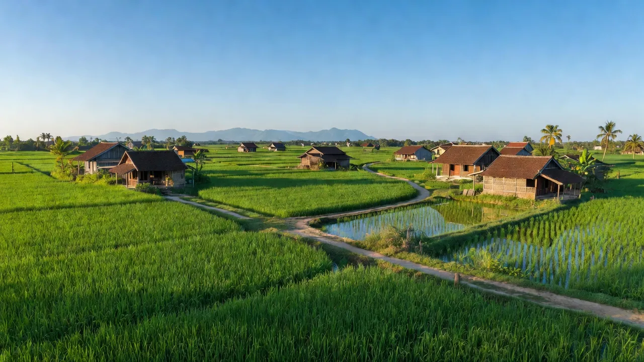 Khung cảnh nông thôn Xã Thạch Kênh, huyện Thạch Hà, Hà Tĩnh với cánh đồng xanh và nhà truyền thống.