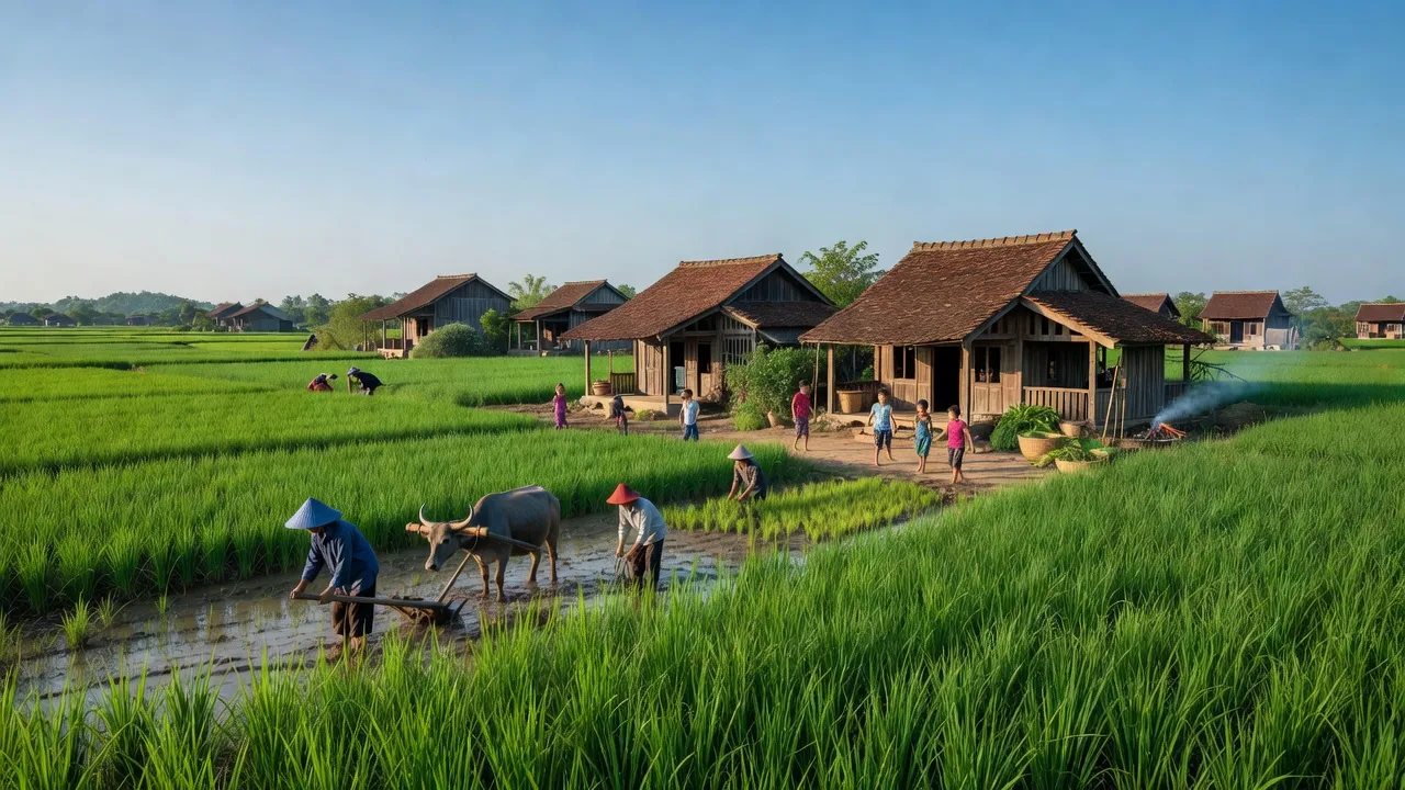 Cảnh làng Thạch Kim, huyện Thạch Hà, tỉnh Hà Tĩnh với đồng ruộng xanh mướt và nhà truyền thống.
