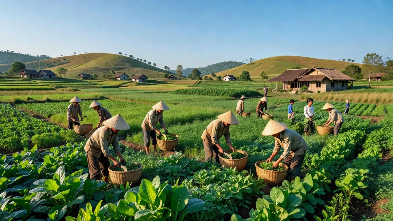 Cảnh đẹp nông thôn xã Thạch Liên, huyện Thạch Hà, tỉnh Hà Tĩnh với cánh đồng rau xanh tươi.
