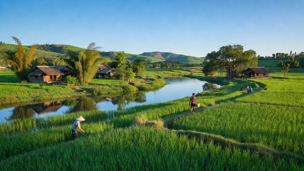 Cảnh sắc nông thôn xã Thạch Long, huyện Thạch Hà, tỉnh Hà Tĩnh với sông và cánh đồng xanh.