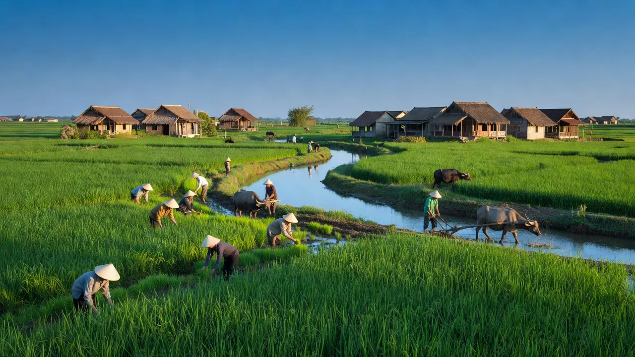 Khung cảnh nông thôn xã Thạch Long, huyện Thạch Hà, tỉnh Hà Tĩnh với ruộng xanh và sông nước.