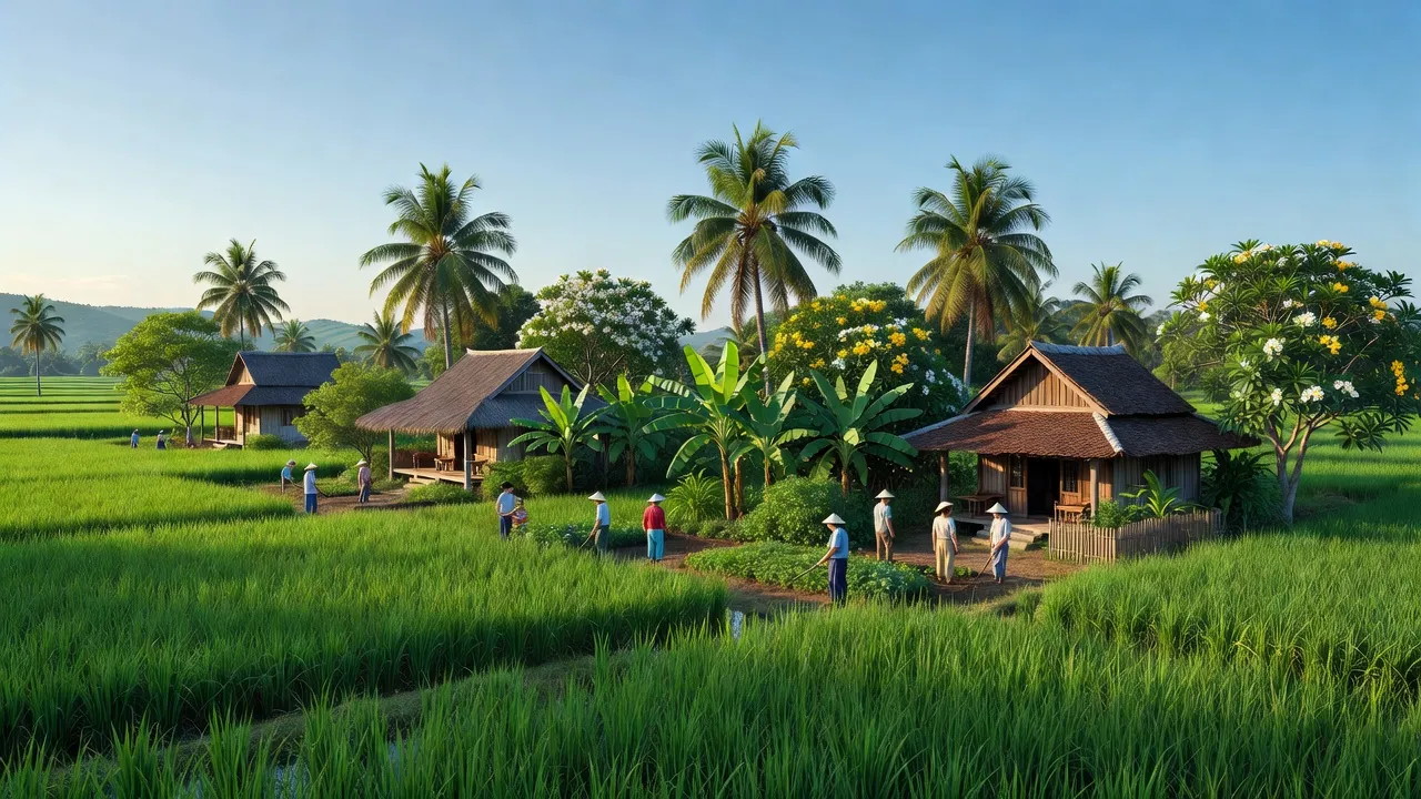 Cảnh sắc Xã Thạch Ngọc với cánh đồng xanh và nhà truyền thống ở Hà Tĩnh, cộng đồng sống động.