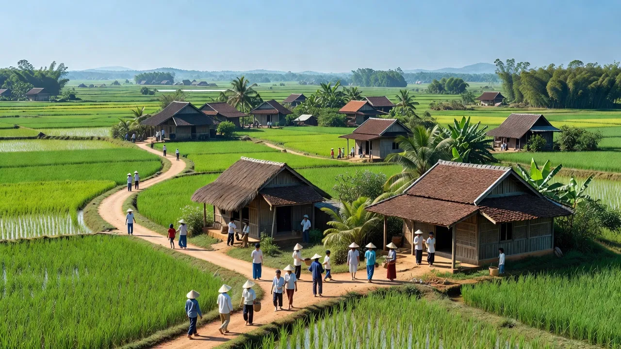 Khung cảnh làng Thạch Ngọc, huyện Thạch Hà, tỉnh Hà Tĩnh với nhà truyền thống và thiên nhiên xanh tươi.