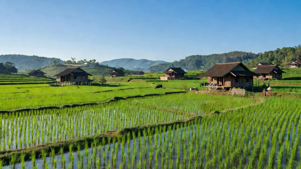 Cảnh làng Thạch Sơn, huyện Thạch Hà, tỉnh Hà Tĩnh với cánh đồng lúa xanh mướt.