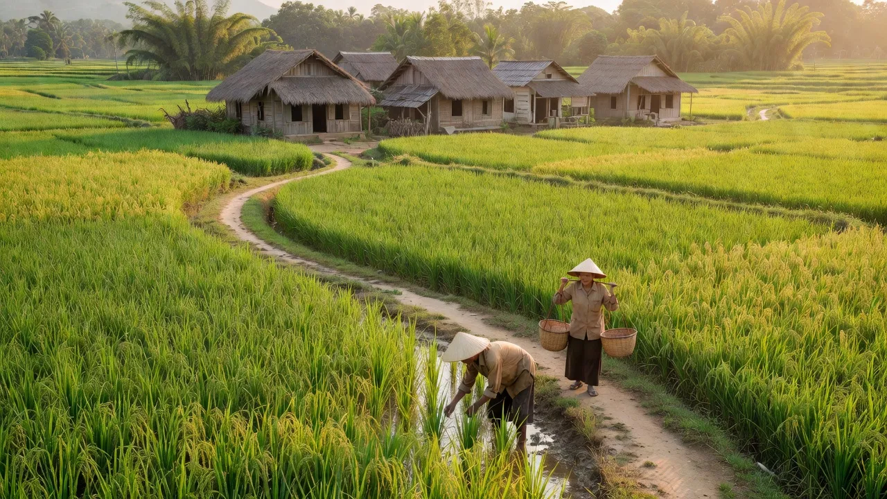 Cảnh đẹp Xã Thịnh Lộc, Huyện Thạch Hà, với đồng lúa và nhà truyền thống.