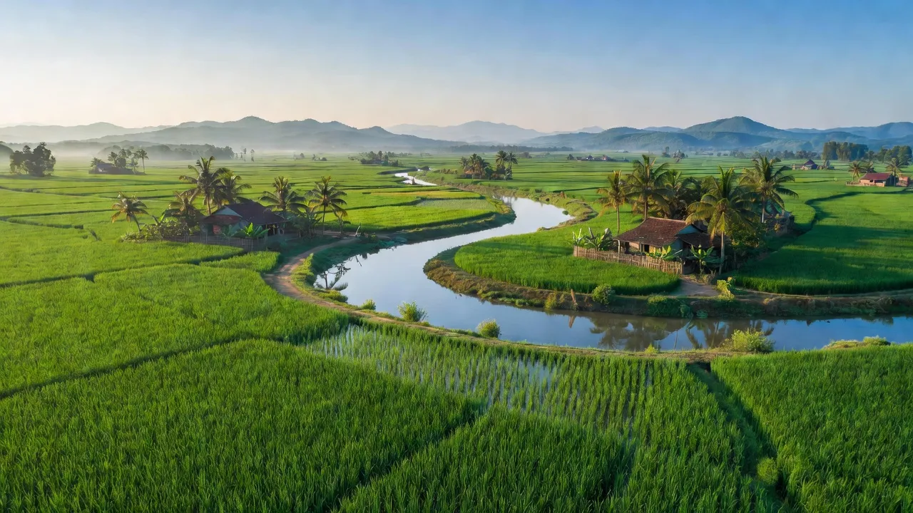 Cảnh đẹp ở xã Việt Tiến, Thạch Hà, Hà Tĩnh với cánh đồng xanh và sông uốn quanh.