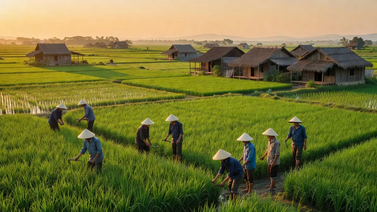 Khung cảnh thiên nhiên xã Việt Tiến, huyện Thạch Hà, tỉnh Hà Tĩnh với cánh đồng xanh và nhà truyền thống.