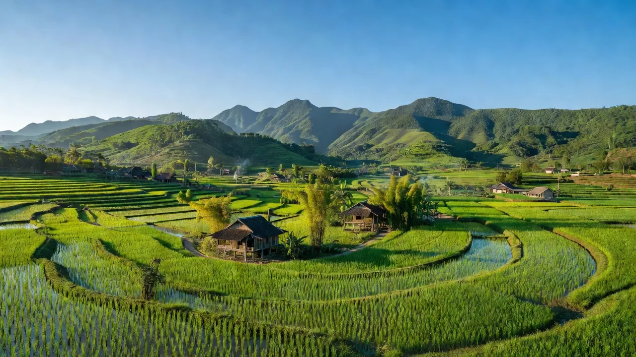 Khung cảnh huyện Vũ Quang, Hà Tĩnh với cánh đồng xanh mướt và đồi núi hùng vĩ.