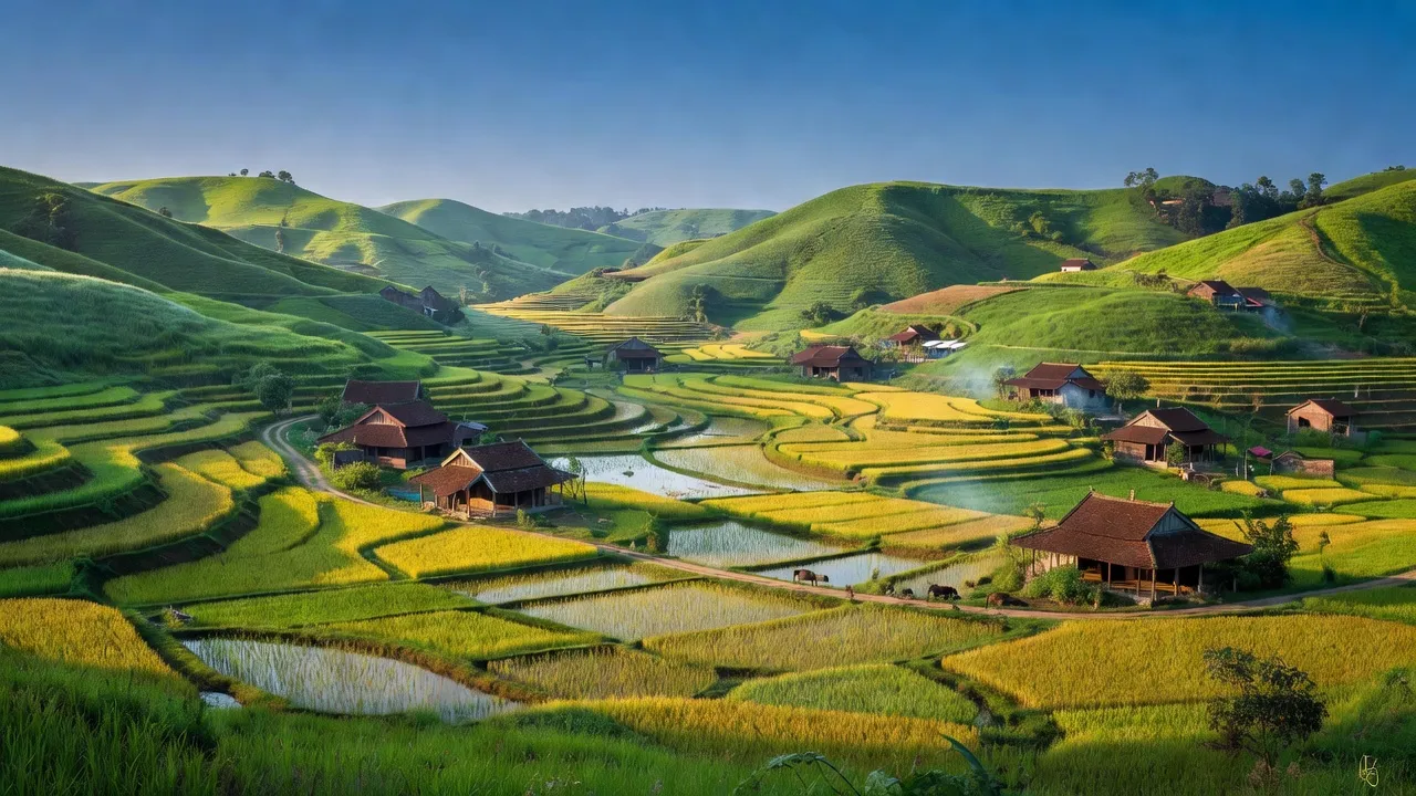 Khung cảnh huyện Vũ Quang, tỉnh Hà Tĩnh với đồng quê xanh tươi và nhà truyền thống.