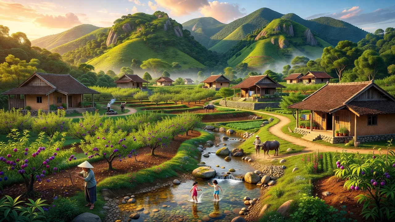 Cảnh đẹp xã Ân Phú, huyện Vũ Quang, tỉnh Hà Tĩnh với núi rừng và cánh đồng xanh.