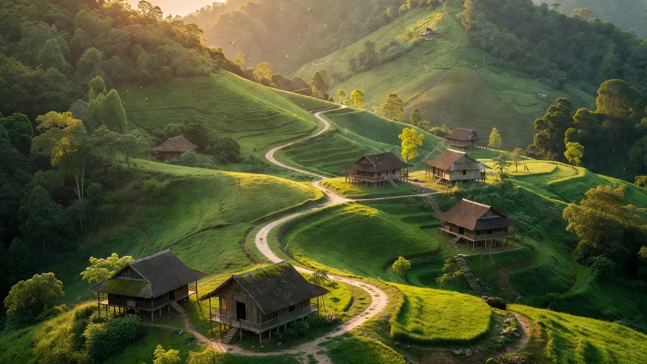 Cảnh quan đẹp tại xã Đức Bồng, huyện Vũ Quang, tỉnh Hà Tĩnh, với đồi núi xanh và đường nhỏ.