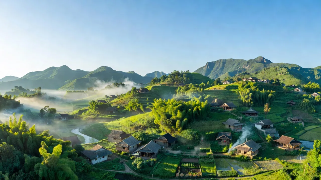 Khung cảnh xã Đức Bồng, huyện Vũ Quang, tỉnh Hà Tĩnh với đồi núi xanh và nhà cửa truyền thống.