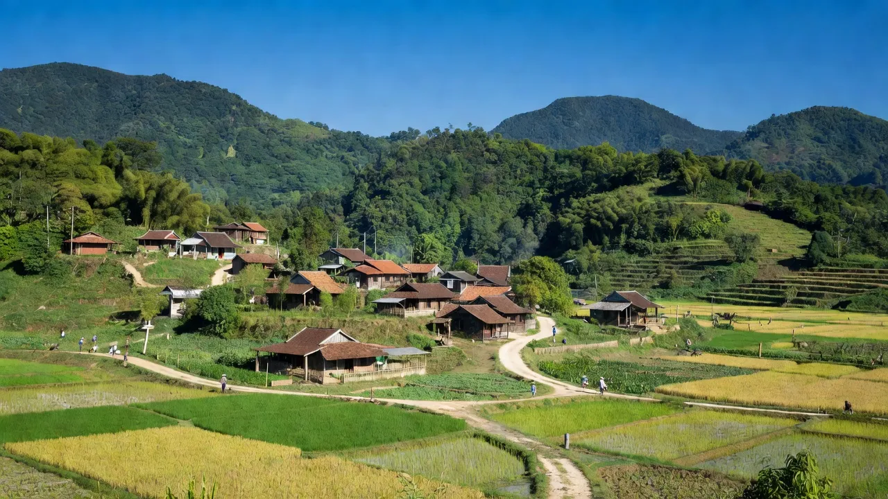 Khung cảnh bình yên tại xã Đức Hương, huyện Vũ Quang với đồi núi xanh tươi và nhà truyền thống.