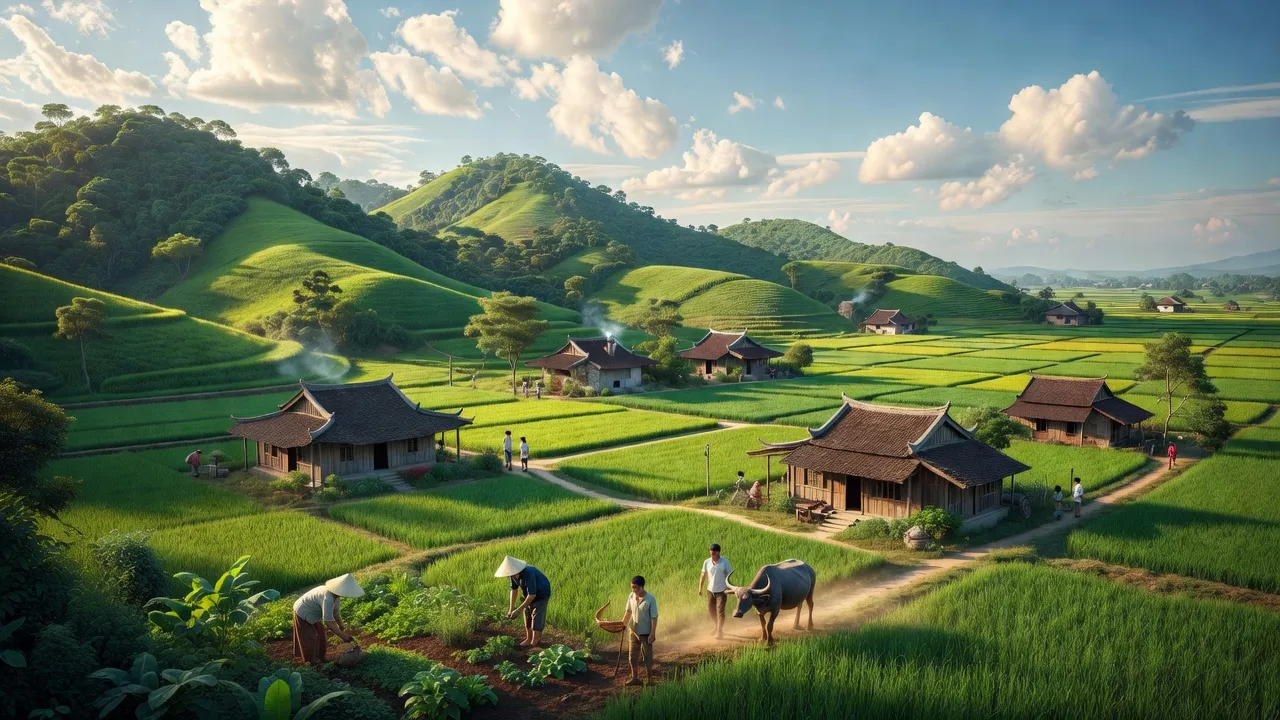 Phong cảnh yên bình xã Đức Liên, huyện Vũ Quang, tỉnh Hà Tĩnh với núi và đồng bằng.