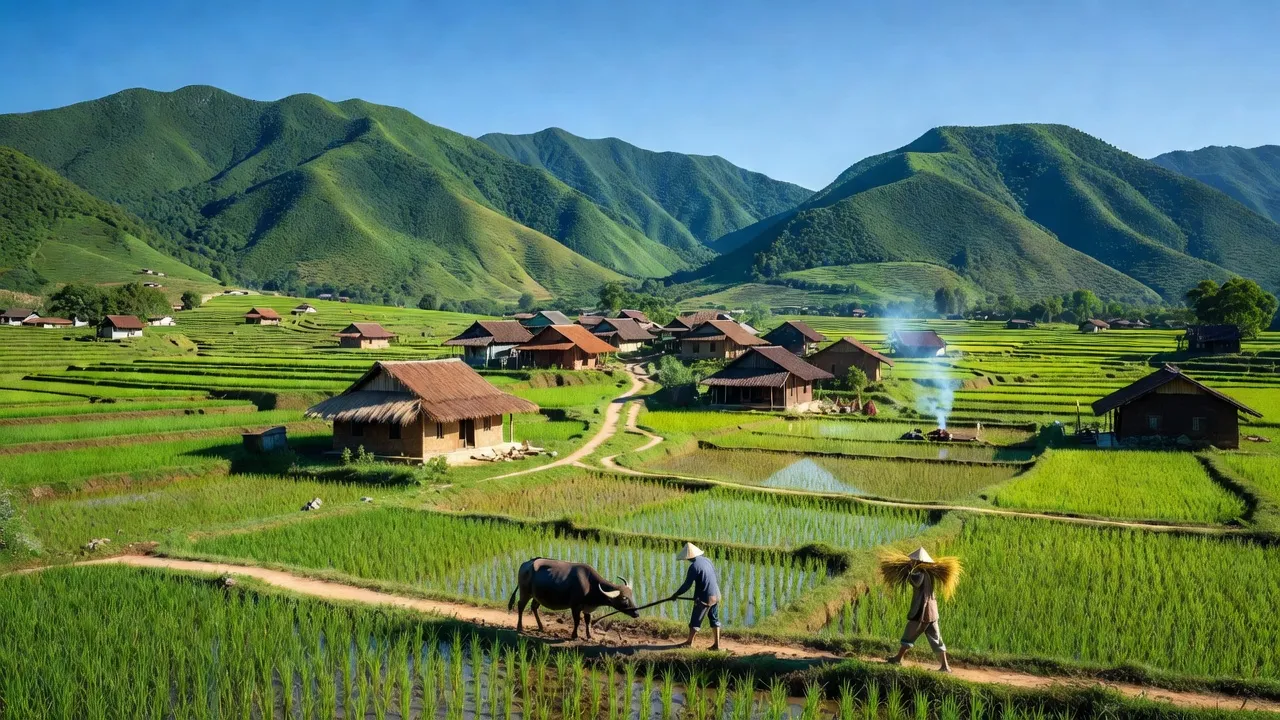 Ảnh phong cảnh xã Đức Lĩnh, huyện Vũ Quang, tỉnh Hà Tĩnh với núi xanh và cánh đồng lúa.
