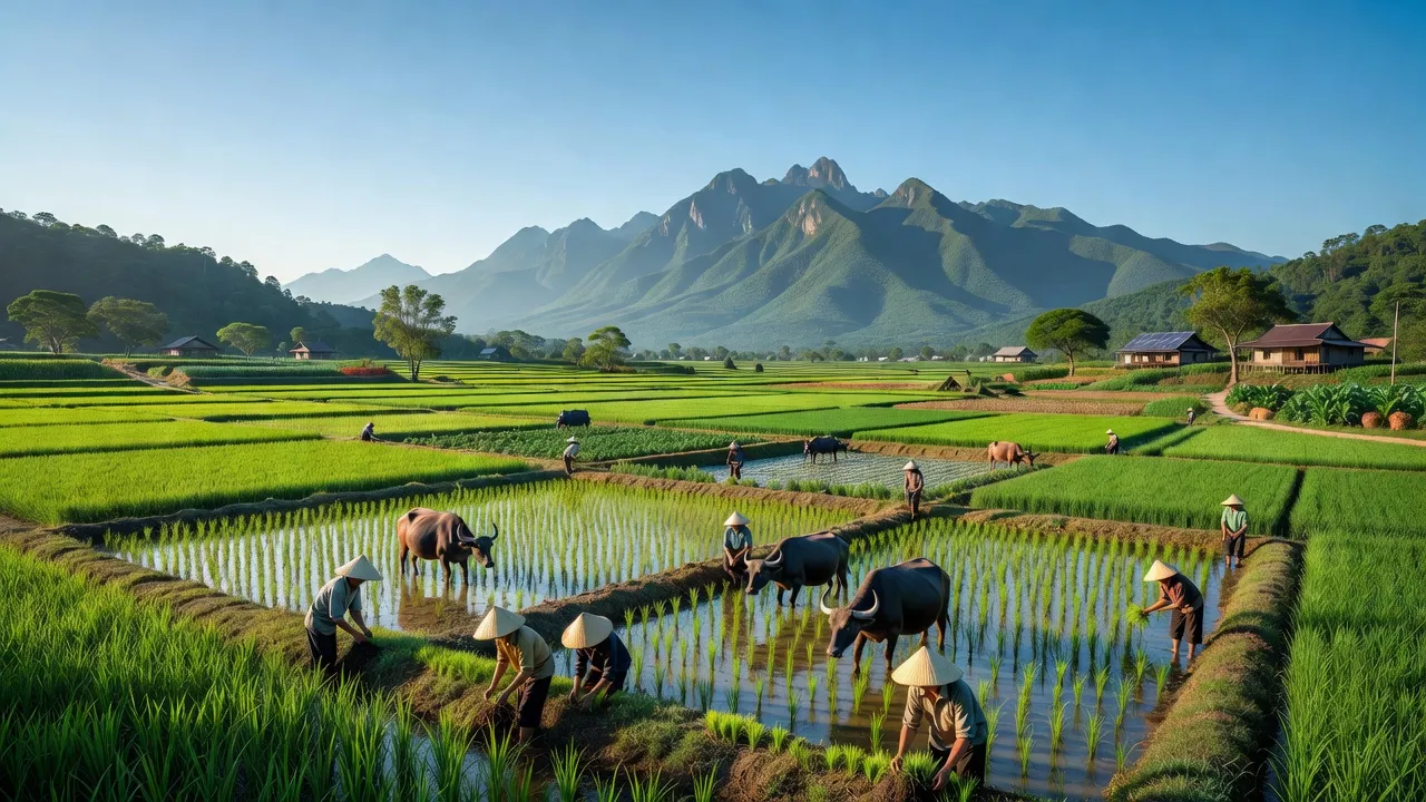 Cảnh quan xã Đức Lĩnh, huyện Vũ Quang, tỉnh Hà Tĩnh với cánh đồng xanh tươi và đồi núi.