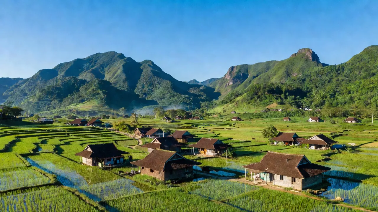 Khung cảnh xã Hương Minh ở huyện Vũ Quang, Hà Tĩnh với cánh đồng xanh và núi non tuyệt đẹp.