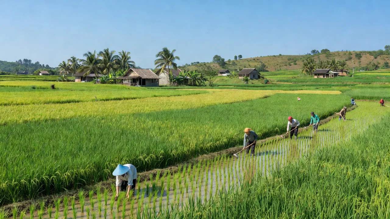 Khung cảnh nông thôn xã Thọ Điền, huyện Vũ Quang, Hà Tĩnh với đồng lúa xanh tươi.