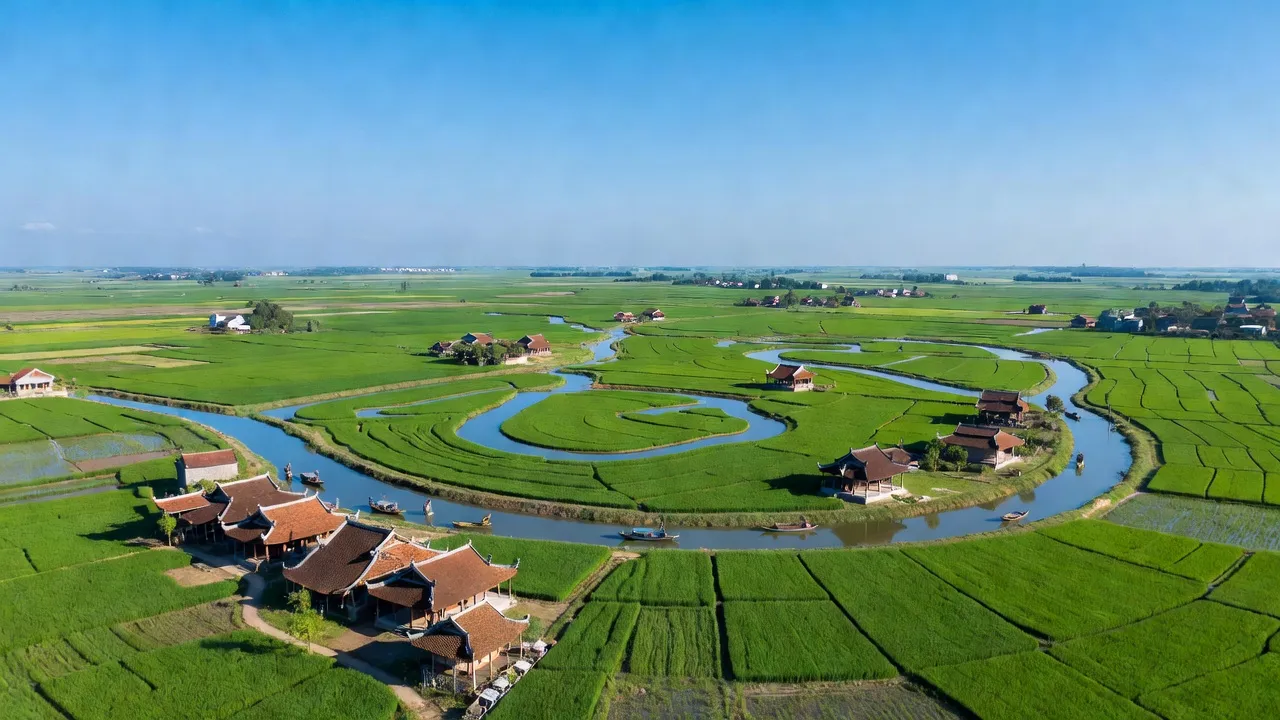 Khung cảnh huyện Bình Giang, Hải Dương với đồng xanh, sông nước, và kiến trúc truyền thống Việt Nam.