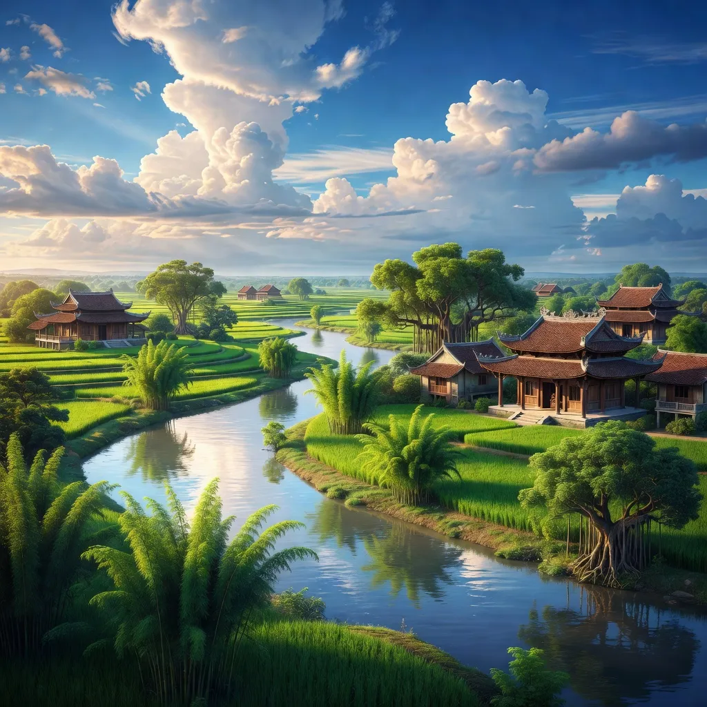 Khung cảnh huyện Bình Giang, tỉnh Hải Dương với sông ngòi và kiến trúc truyền thống Việt Nam.