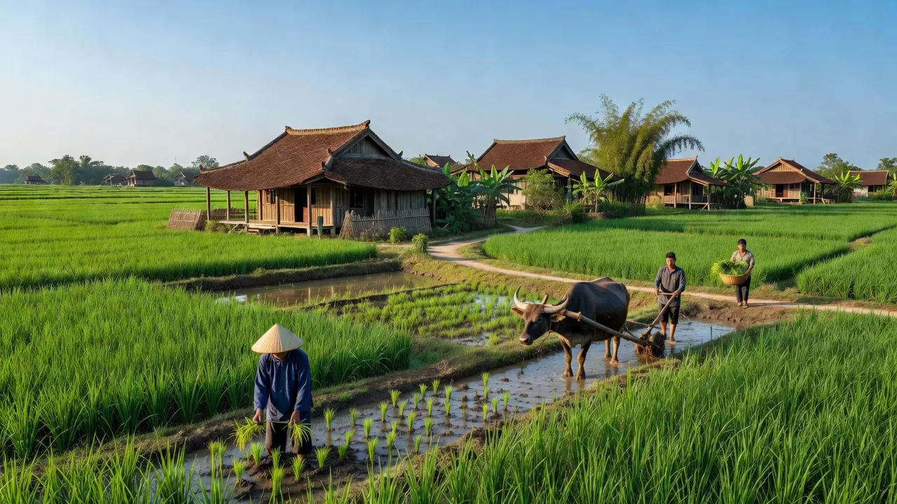 Cảnh quan nông thôn xã Bình Xuyên, huyện Bình Giang, tỉnh Hải Dương với ruộng xanh và nhà truyền thống.