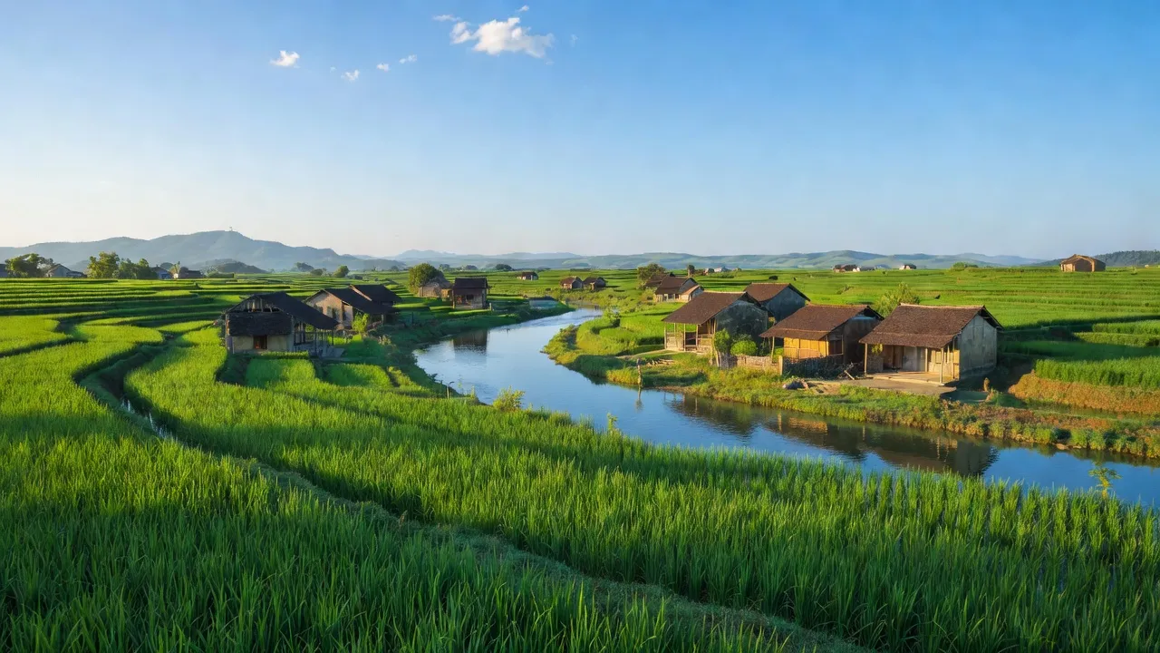 Cảnh quan Xã Cổ Bì, huyện Bình Giang, tỉnh Hải Dương với ruộng lúa và sông Đình Đào.