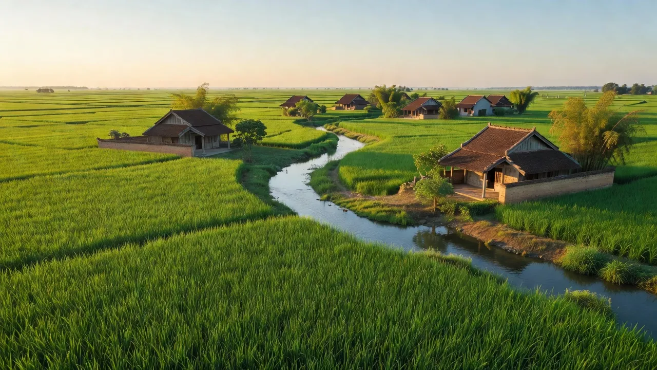 Xã Hùng Thắng, huyện Bình Giang, tỉnh Hải Dương với cánh đồng xanh và nhà truyền thống.
