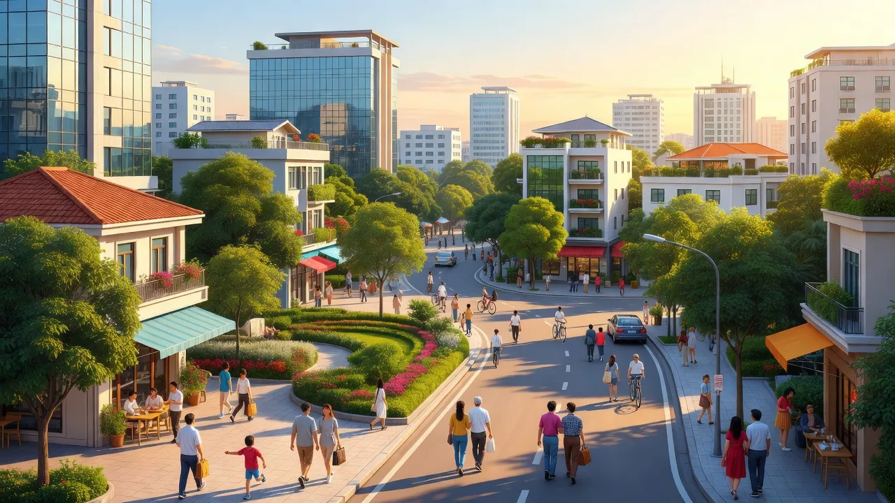 Thị trấn Kẻ Sặt, huyện Bình Giang, tỉnh Hải Dương với cảnh quan đô thị và cây xanh