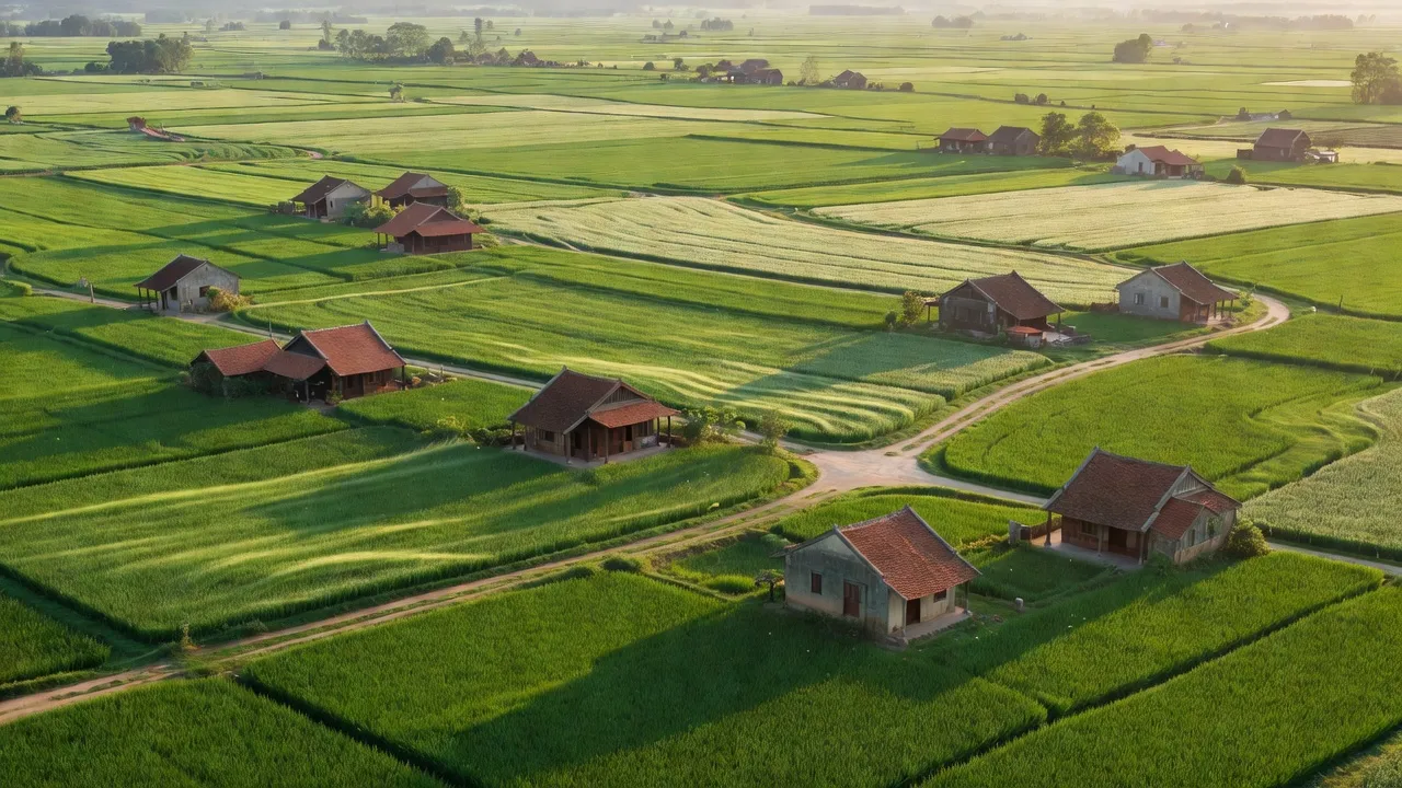 Cảnh đồng xanh và đường làng ở xã Long Xuyên, huyện Bình Giang, Hải Dương, Việt Nam.