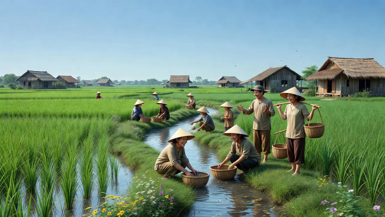 Khung cảnh thanh bình xã Long Xuyên, huyện Bình Giang, tỉnh Hải Dương với cánh đồng lúa xanh tươi.
