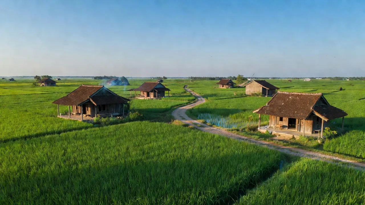 Phong cảnh nông thôn xã Nhân Quyền, huyện Bình Giang, tỉnh Hải Dương với cánh đồng xanh tươi.
