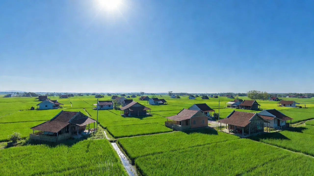 Khung cảnh xã Tân Hồng, huyện Bình Giang, tỉnh Hải Dương với cánh đồng xanh và nhà truyền thống.