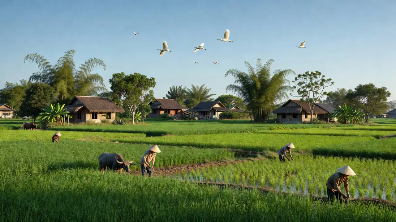 Khung cảnh yên bình xã Thái Dương, huyện Bình Giang, Hải Dương với cánh đồng lúa xanh.