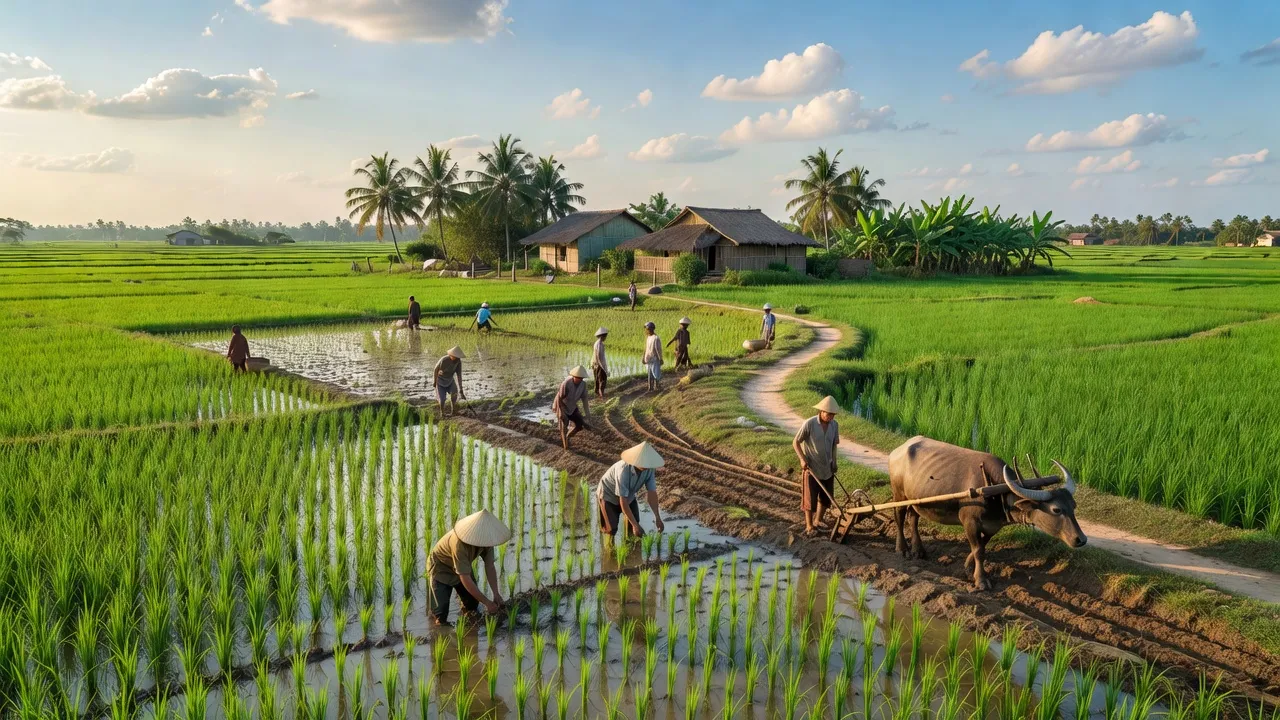 Cánh đồng xanh tươi ở xã Thái Hòa, huyện Bình Giang, tỉnh Hải Dương với hoạt động nông nghiệp năng động.