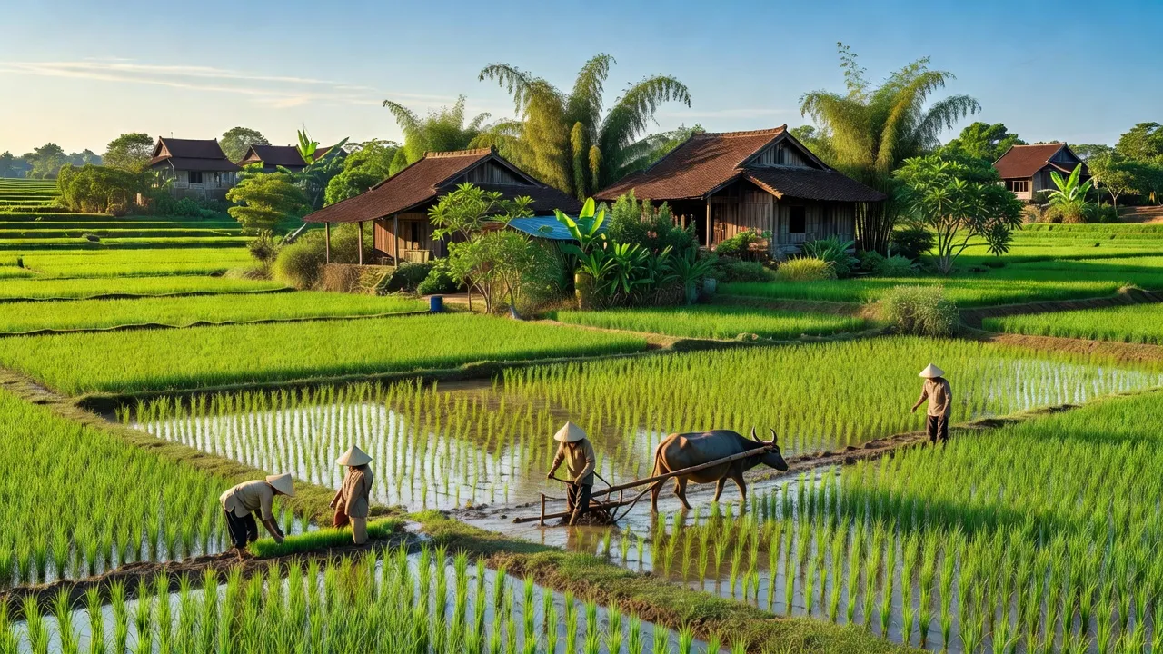 Khung cảnh Xã Thái Hòa huyện Bình Giang, tỉnh Hải Dương với cánh đồng xanh và nhà truyền thống.