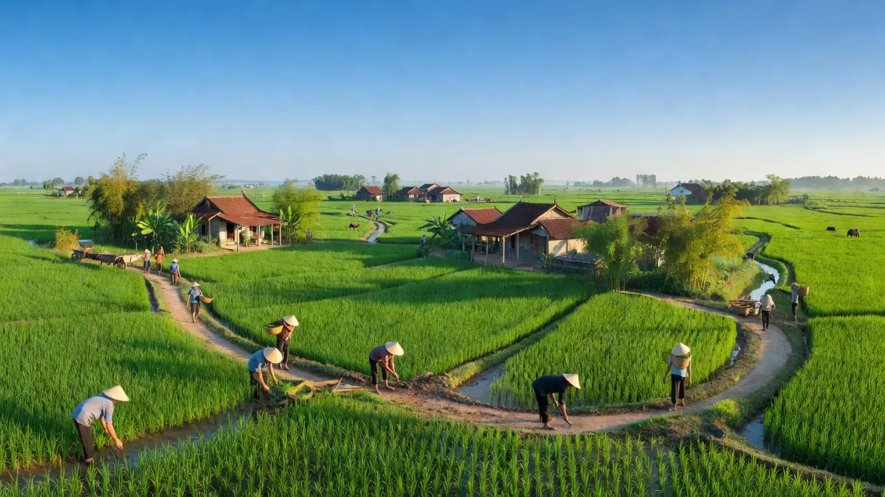Cảnh đồng lúa xanh tươi ở xã Thái Minh, huyện Bình Giang, tỉnh Hải Dương với người nông dân làm việc.