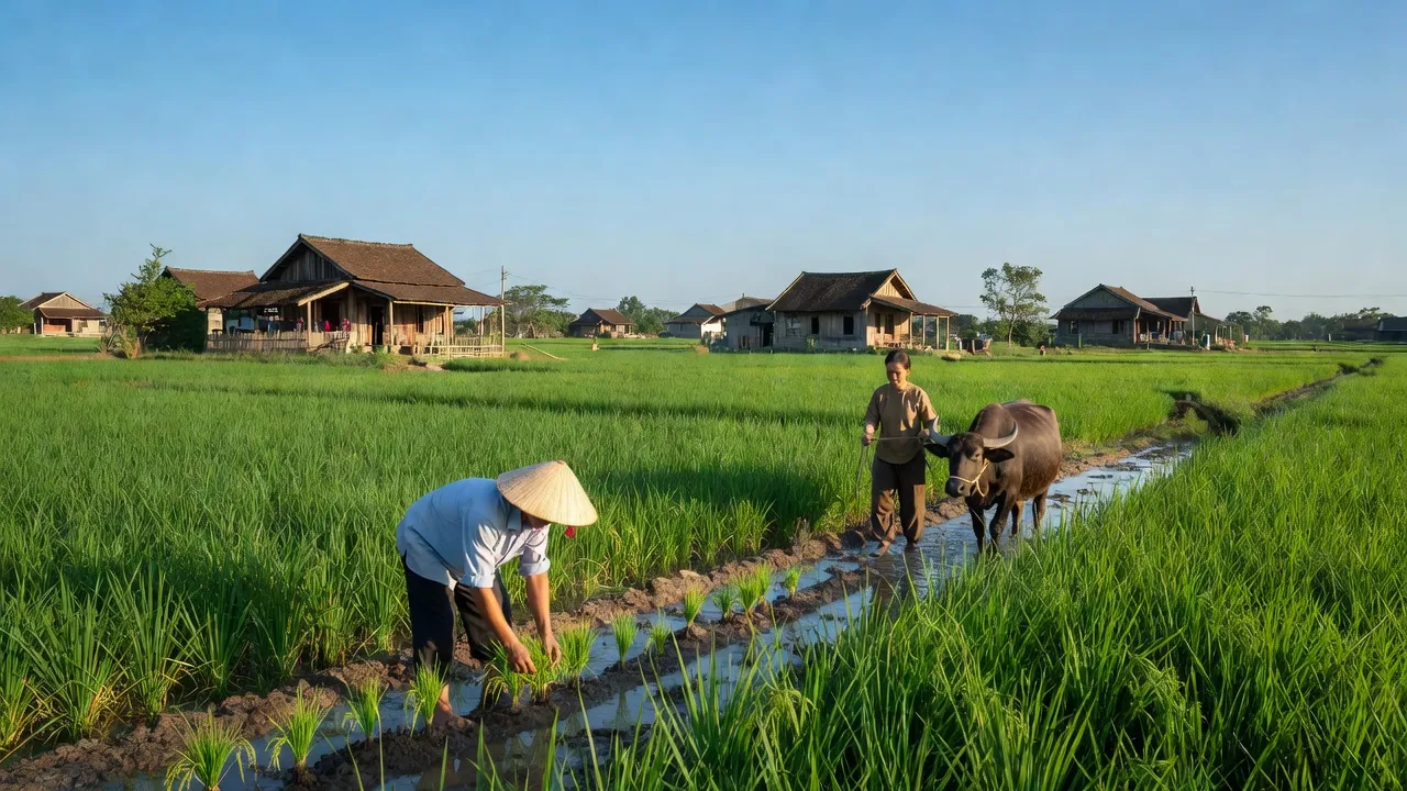 Cảnh đồng quê xanh mướt ở xã Thái Minh, huyện Bình Giang, Hải Dương với ruộng lúa và nhà truyền thống.