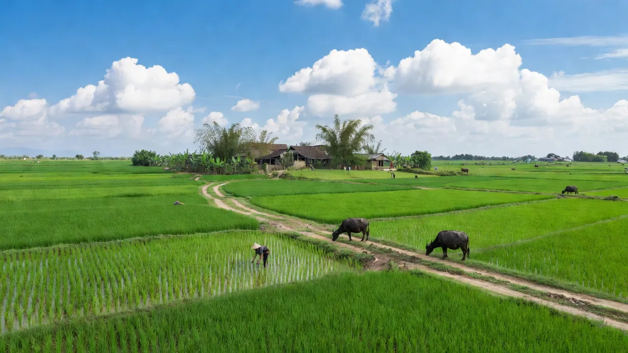 Cảnh quan quê hương Xã Thúc Kháng, huyện Bình Giang, tỉnh Hải Dương với cánh đồng xanh tươi.