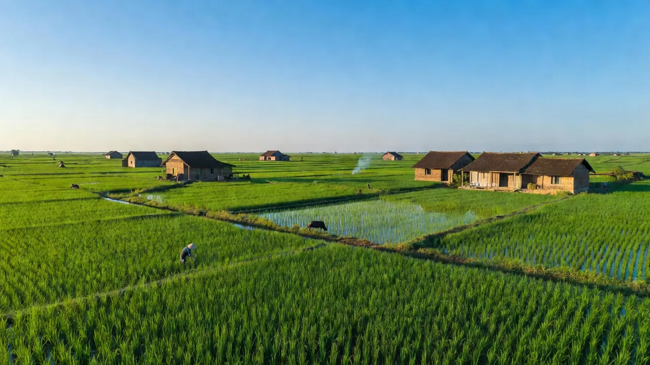 Khung cảnh xanh tươi của Xã Thúc Kháng, Huyện Bình Giang, tỉnh Hải Dương với đồng ruộng và nhà cổ.