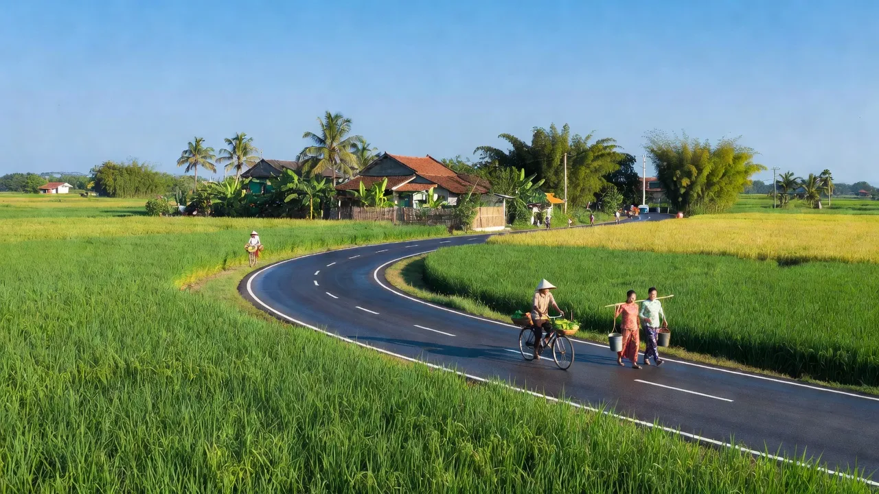 Khung cảnh nông thôn xã Vĩnh Hưng, huyện Bình Giang với những cánh đồng xanh và đường giao thông hiện đại.