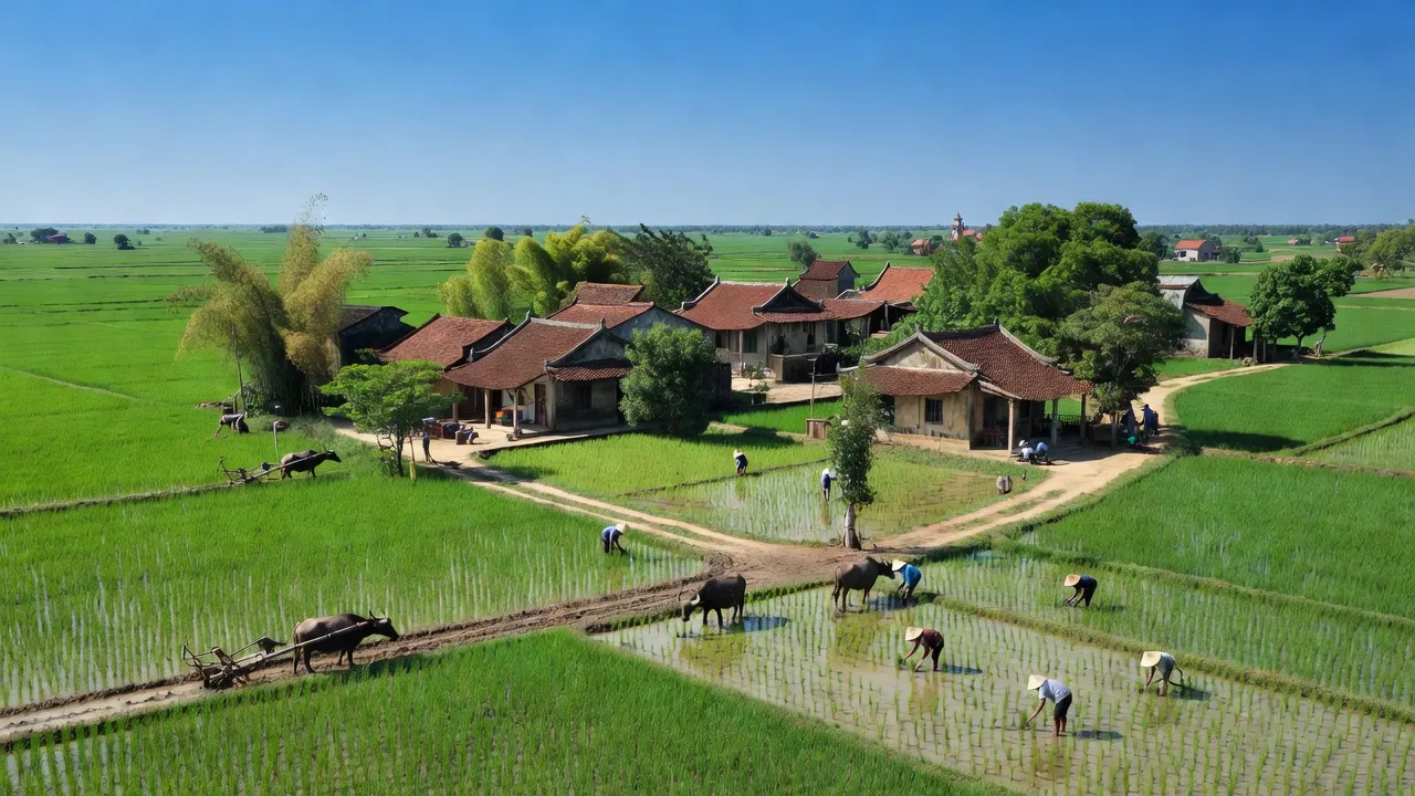 Cẩm Giàng, Hải Dương, lush green fields and traditional villages, agricultural lifestyle scenery.