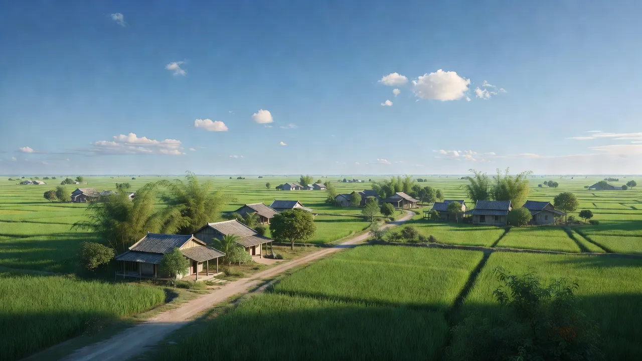 Cảnh đẹp xã Cẩm Đoài, huyện Cẩm Giàng, Hải Dương với cánh đồng xanh và nhà truyền thống.