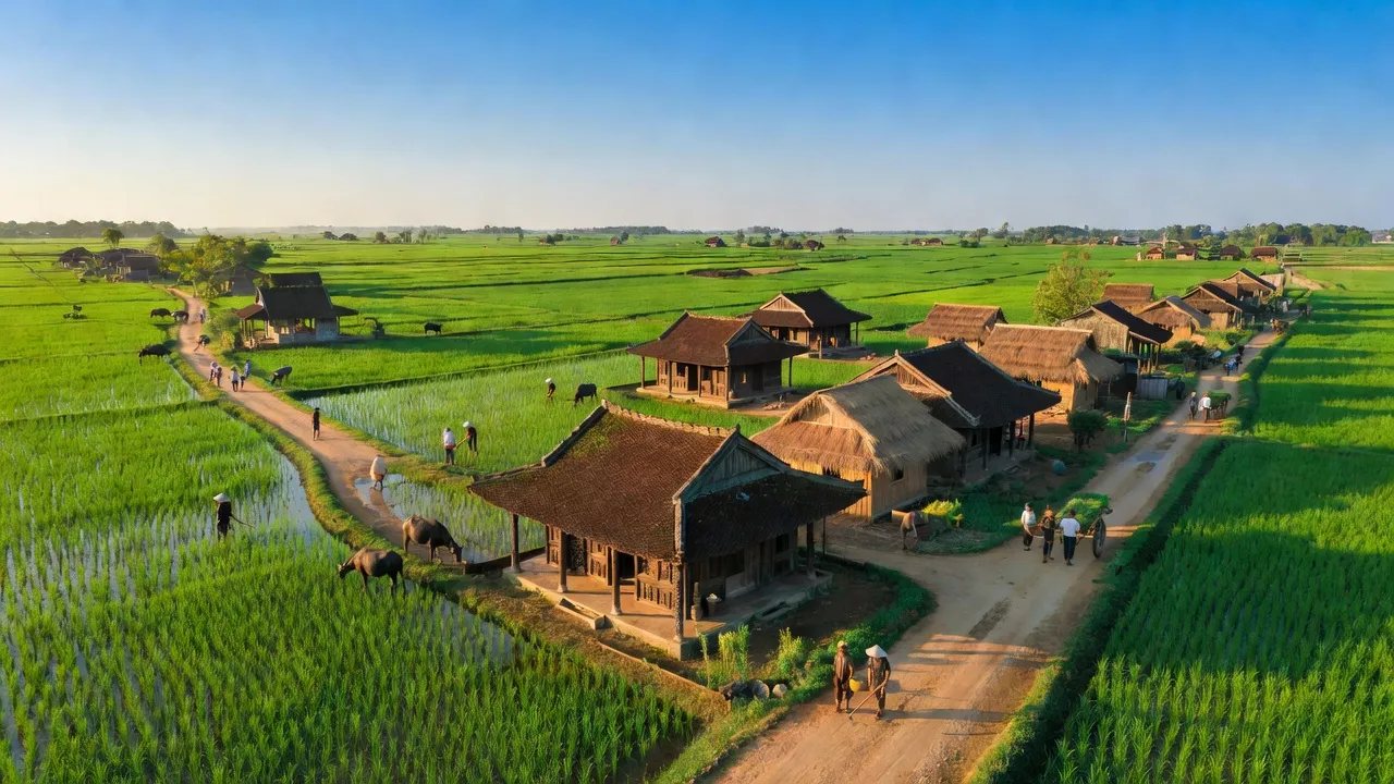 Cảnh đẹp xã Cẩm Đông, Hải Dương với đồng xanh và kiến trúc truyền thống Việt Nam.