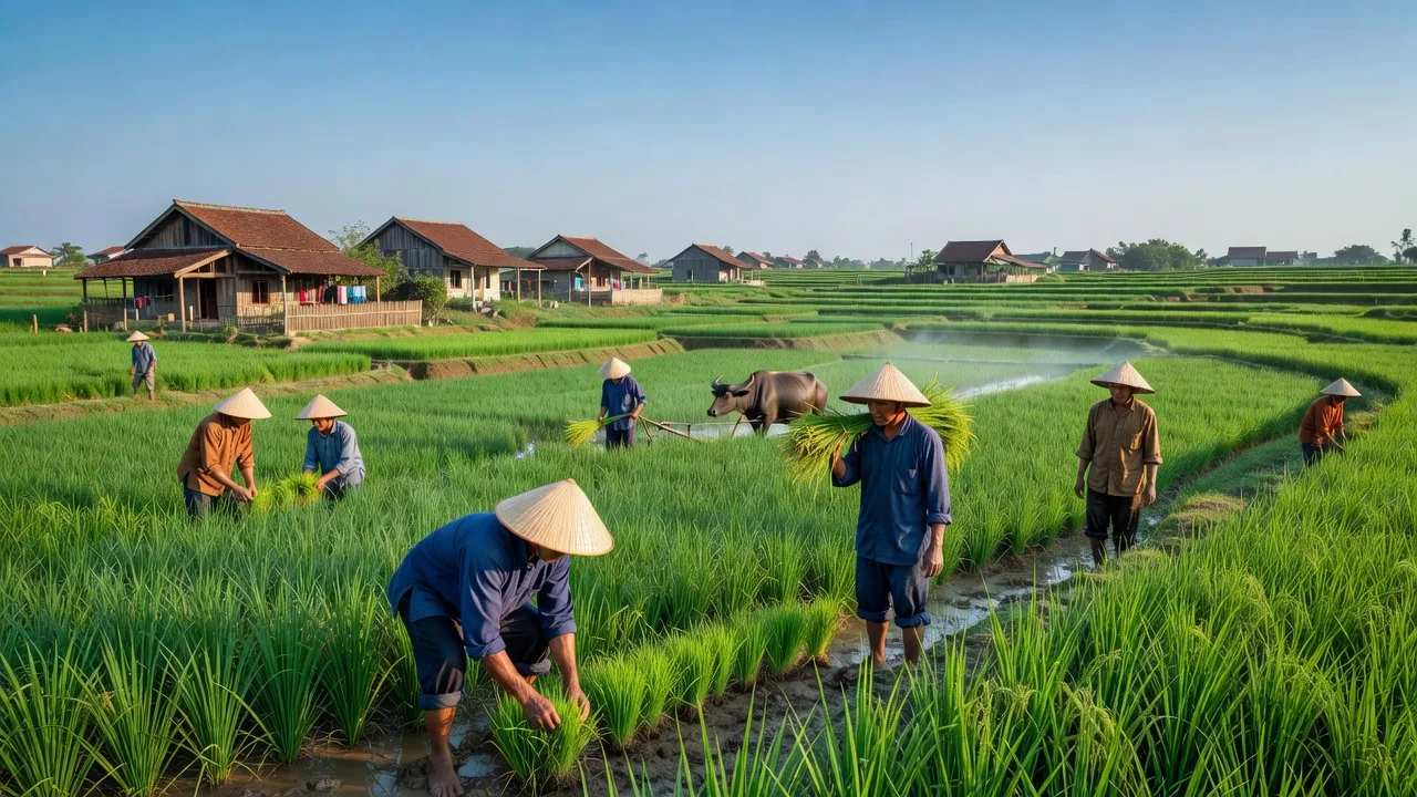 Cảnh đồng xanh và nhà truyền thống ở xã Cẩm Văn, huyện Cẩm Giàng, tỉnh Hải Dương.