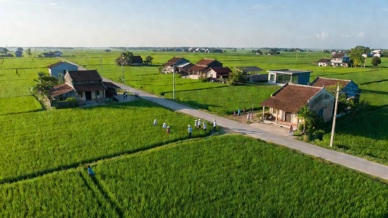 Khung cảnh làng quê xã Cẩm Văn, huyện Cẩm Giàng, tỉnh Hải Dương, với đồng xanh và nhà truyền thống.