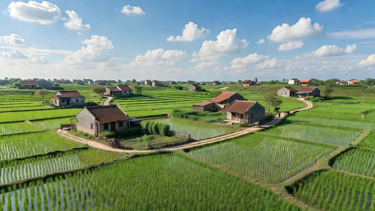 Cảnh sắc xã Cẩm Vũ, huyện Cẩm Giàng, tỉnh Hải Dương, với cánh đồng xanh và nhà truyền thống.