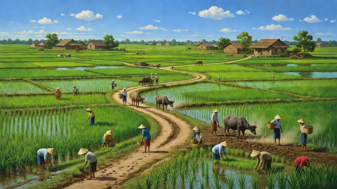 Cảnh đồng quê xã Cao An, huyện Cẩm Giàng, Hải Dương với nông dân làm việc.