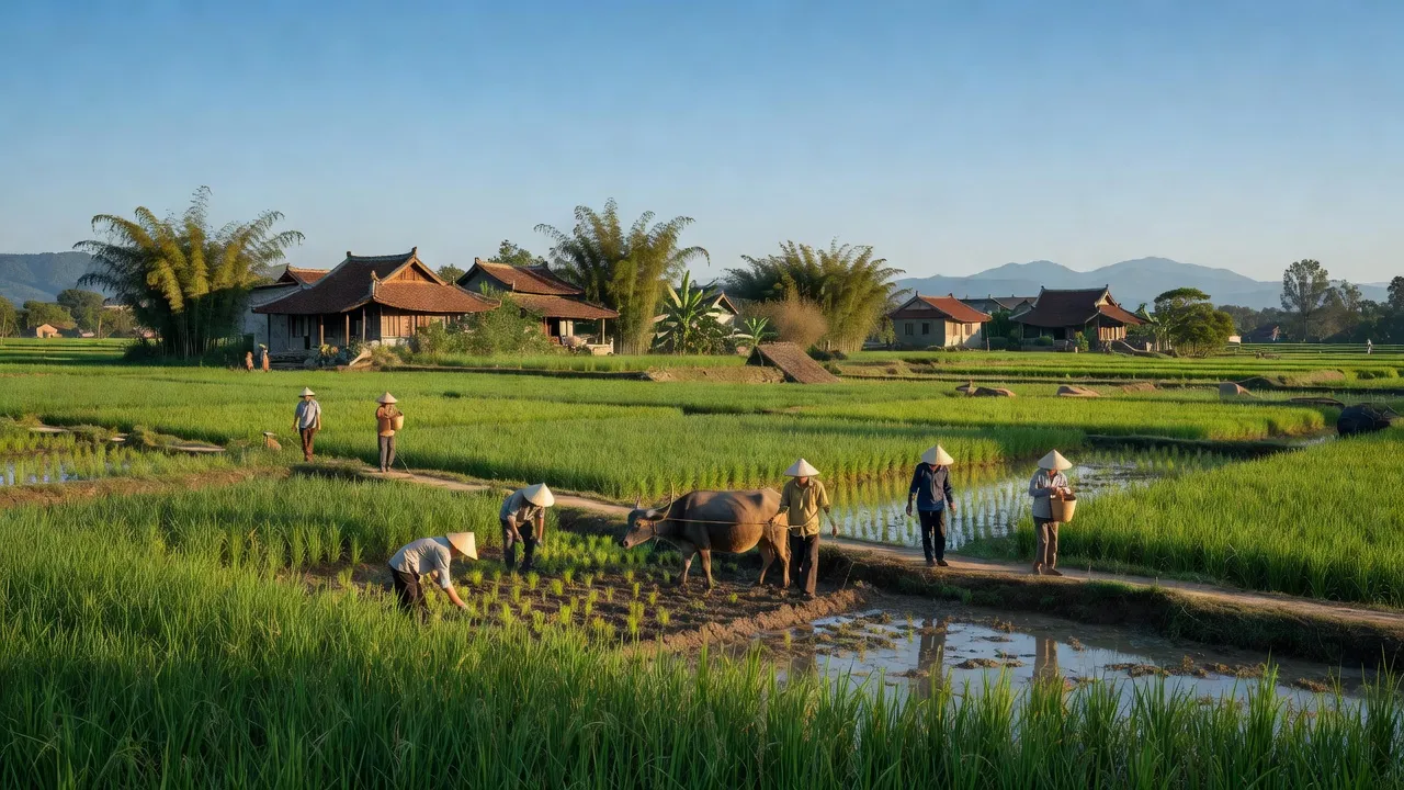 Khung cảnh thơ mộng của xã Định Sơn, huyện Cẩm Giàng với cánh đồng xanh và nhà truyền thống.