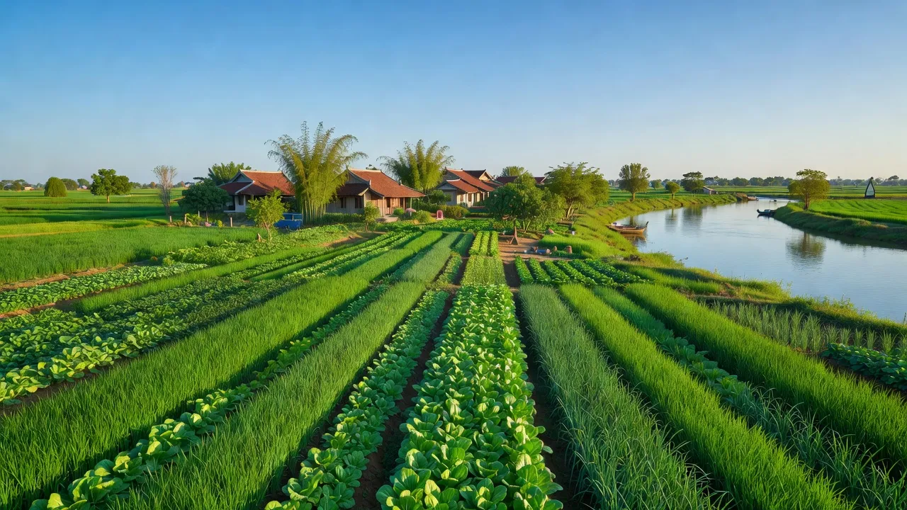 Khung cảnh xã Đức Chính, Cẩm Giàng: ruộng rau màu xanh mướt, nhà truyền thống, và sông Thái Bình.
