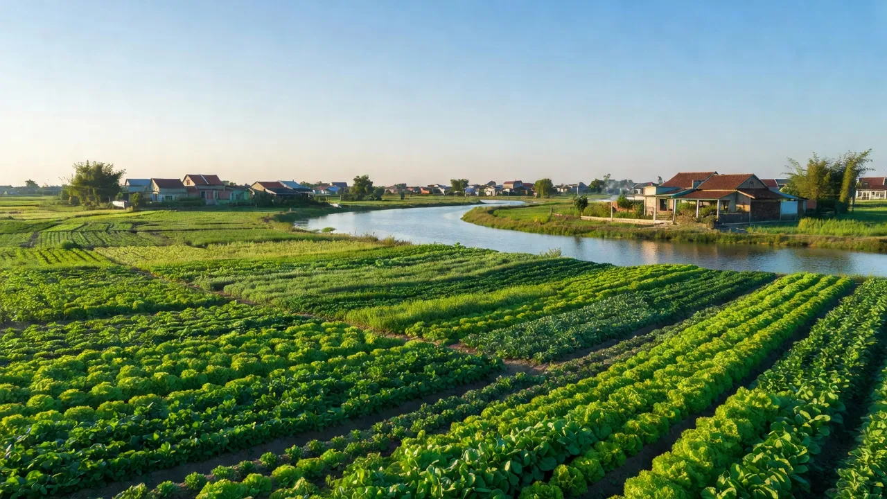 Xã Đức Chính ở Cẩm Giàng, Hải Dương, với đồng rau màu và dòng sông Thái Bình.